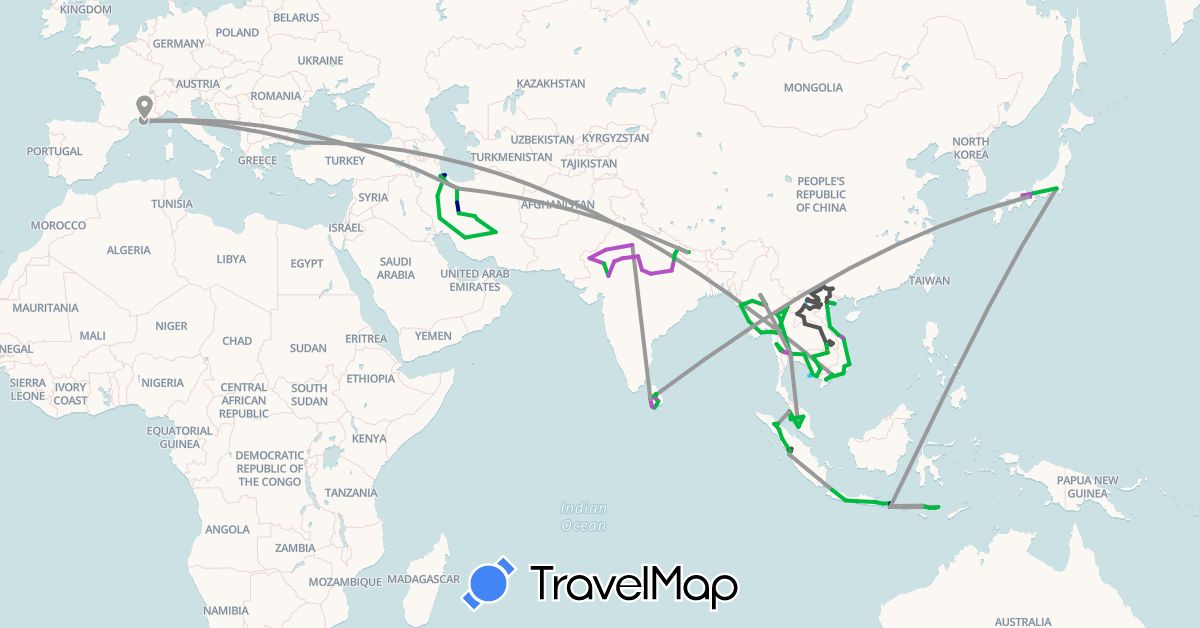 TravelMap itinerary: driving, bus, plane, train, hiking, boat, hitchhiking, motorbike in France, Indonesia, India, Iran, Japan, Cambodia, Laos, Sri Lanka, Myanmar (Burma), Malaysia, Nepal, Thailand, Turkey, Vietnam (Asia, Europe)